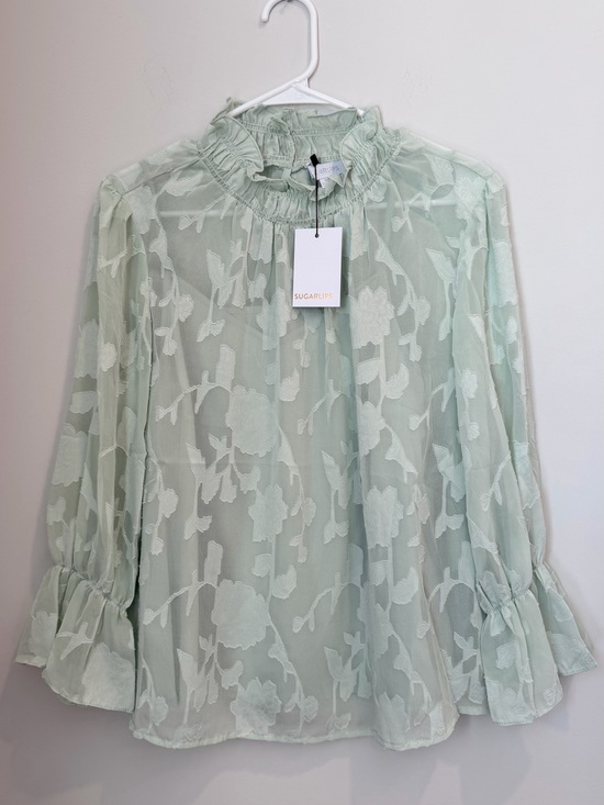 Sugarlips Tops - Sugarlips Mint Green Floral Sheer Ruffle Neck Blouse